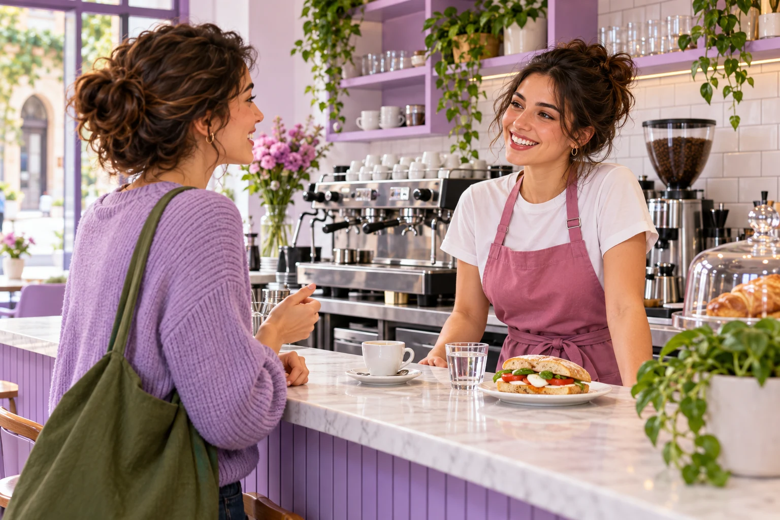 Une cliente commande au comptoir d’un café ; une tasse, un verre d’eau et un sandwich sont posés devant la barista.