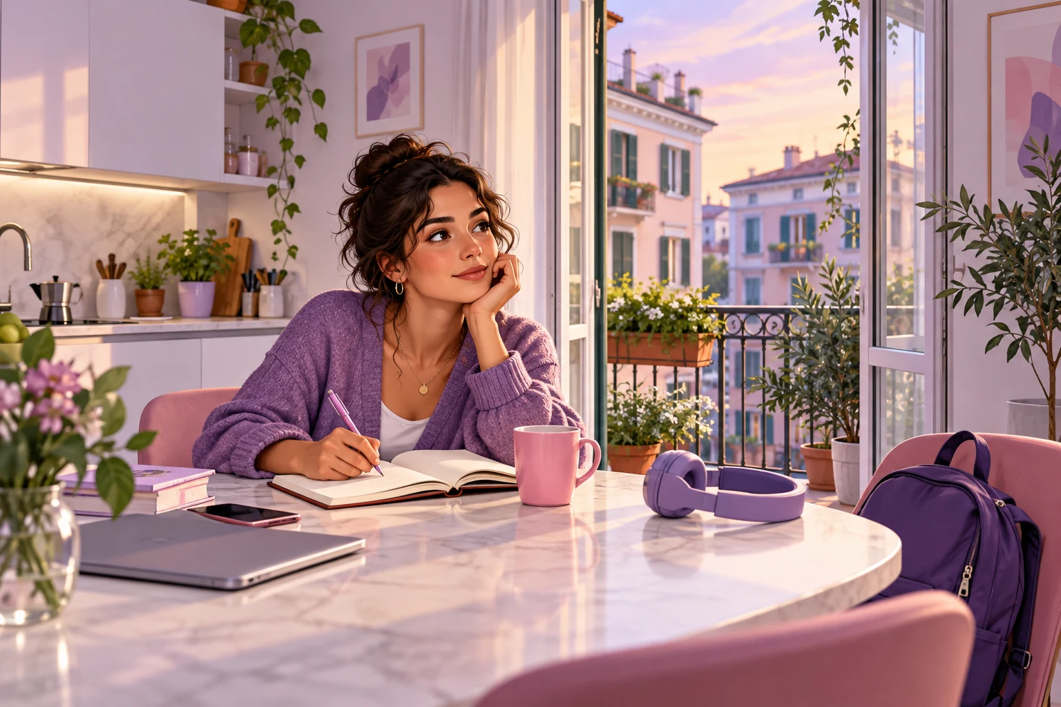 Une personne écrit dans un carnet à sa table de cuisine, avec une tasse rose et un casque violet.